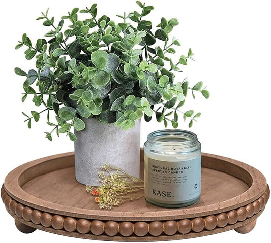 HPC DEC R OUR HAPPY PLACE 12in Round Wood Beaded Tray - Brown, Distressed Finish - Farmhouse Boho Style - Decorative Tray for Living Room, Coffee Table, Kitchen Table or Serving Tray