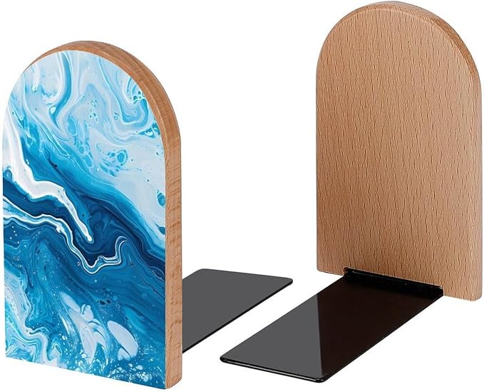 Abstract Blue Marble Book Ends Decorative Wood Bookends for Shelves Kids Room Desk Home Office Book Stoppers for Magazines,Books, DVDs, 1 Pair/2 Pieces(5x3.1 in)