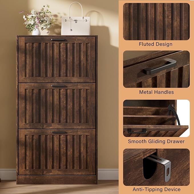 Shoe Storage Cabinet for Entryway with 3 Flip Drawers, Wooden Shoe Organizer with Adjustable Shelf, Freestanding Wood Fluted Panel Shoes Cabinet Closed Shoe Rack for Hallway, Foyer, Walnut