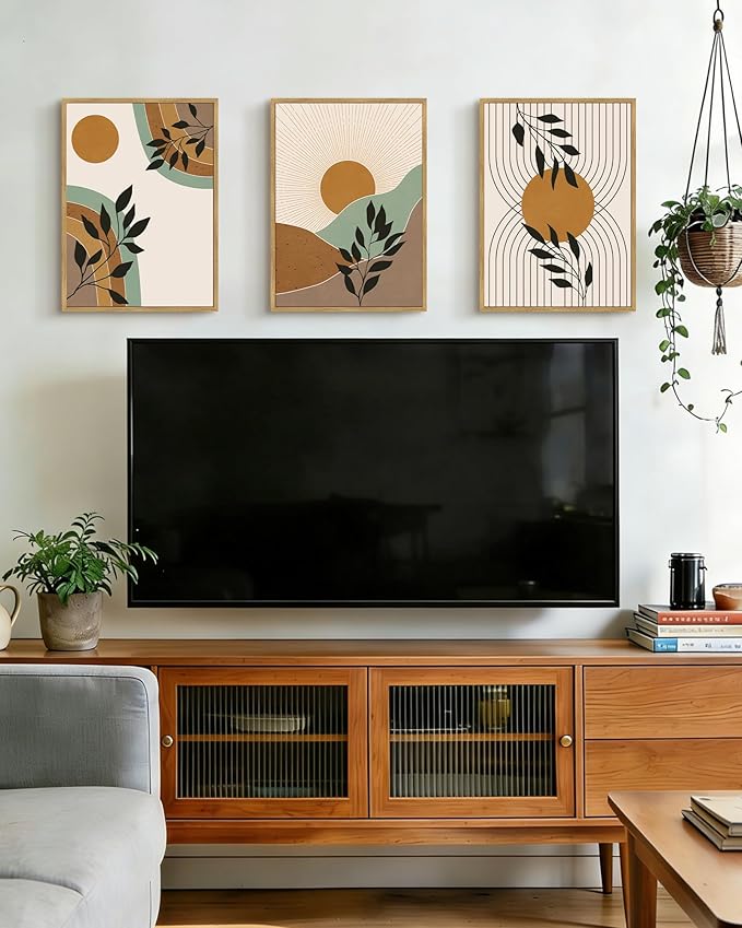 PHOPAGO Boho Abstract Wall Art Botanical Mid Century Modern Framed Wall Printing Neutral Geometric Prints Bohemain Sage Decor for Farmhouse Kitchen - 11x14in Natural Framed
