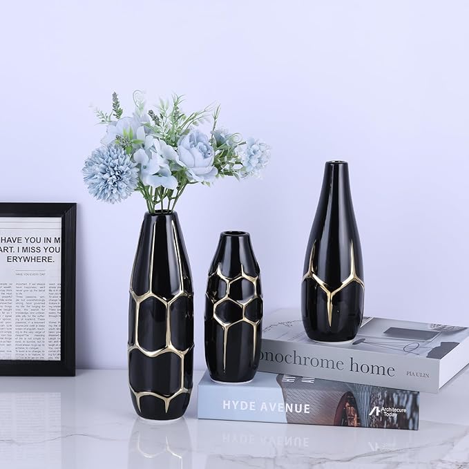 Black and Gold Ceramic Vase Set of 3, Geometric Decorative Ellipse Vases for Living Room Shelf, Mantel, Table Centerpieces, Bathroom Countertop, Modern Rustic Farmhouse Home Decor (Black)