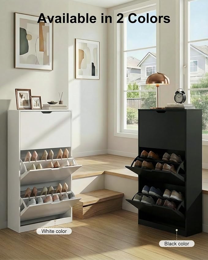 Shoe Cabinet with 3 Flip Drawers, Hidden Wood Shoe Cabinet，Narrow Shoe Rack Cabinet，Freestanding Organizer Storage for Hallway or Hallway, White