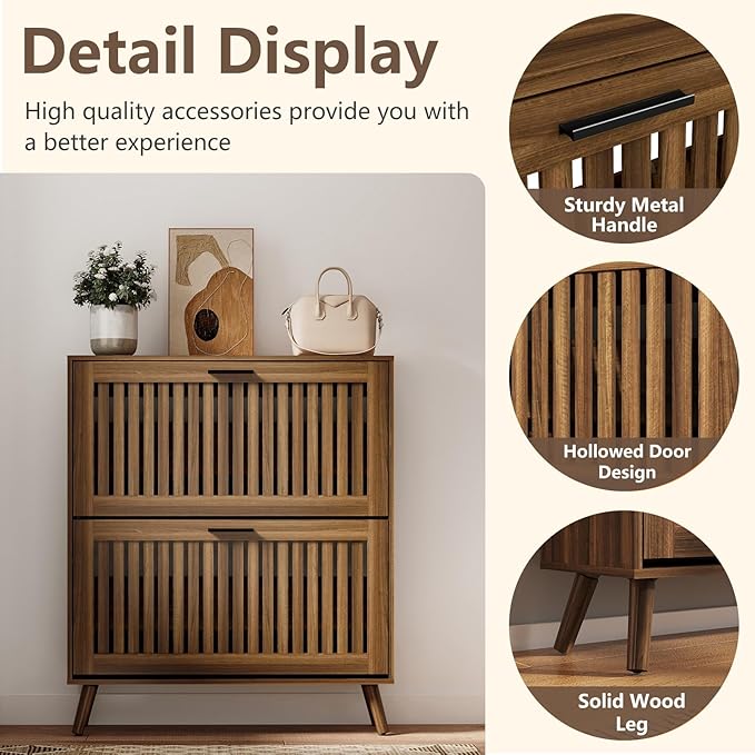 Spaco Walnut Shoe Cabinet with 2 Flip Drawers for Entryway,Narrow Shoe Storage Cabinet with Solid Wood Leg,Freestanding Slim Shoe Organizer for Hallway