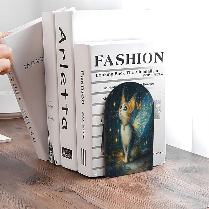 Funny Galaxy Butterfly Cat 2Pcs Book Ends for Shelves Non-Skid Wood Bookends Decorative Back to School Books Holders Book Stoppers Bookshelf Accessories for Desk Home Office School Decor (1 Pair)