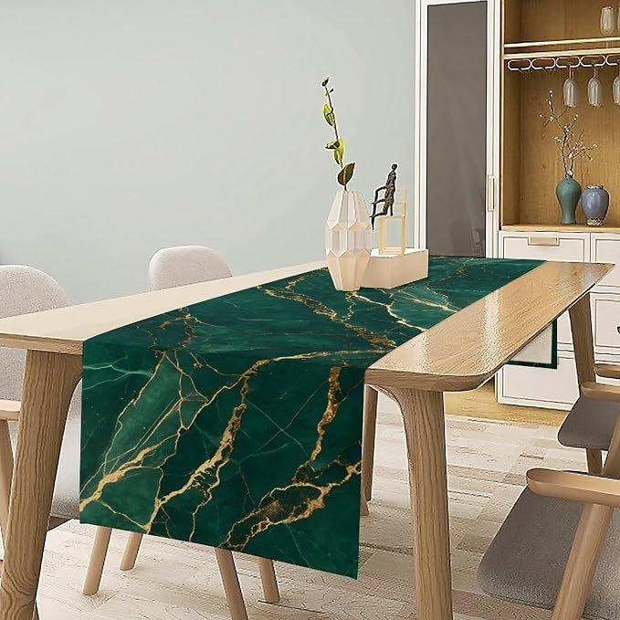 Emerald Green Marble Table Runner, Dark Green Gold Textured Abstract Painting Table Runner for Kitchen Dining Indoor Outdoor Home Party, 13x60 Inch
