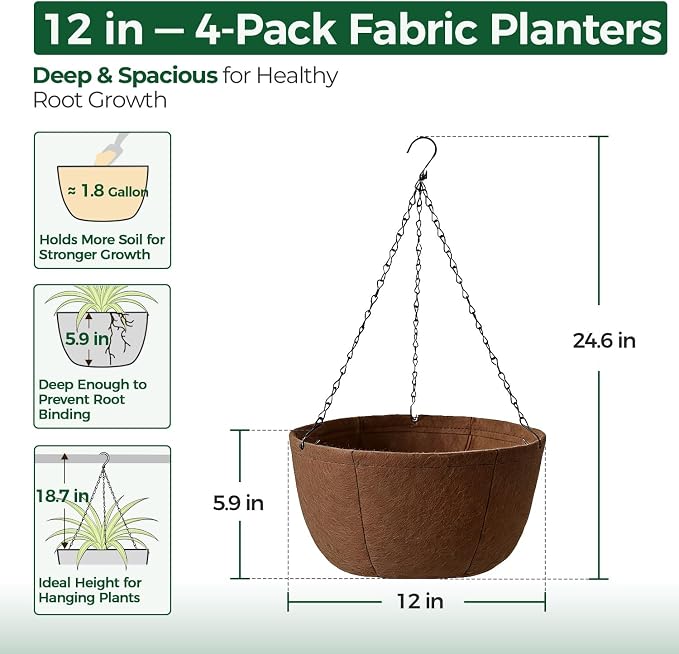 T4U Hanging Planters for Outdoor Plants, 12 Inch 4 Pack Fabric Hanging Baskets with Drainage Tray, Decorative Hanging Pots for Plants Outdoor Patio Porch Garden Use（Brown）