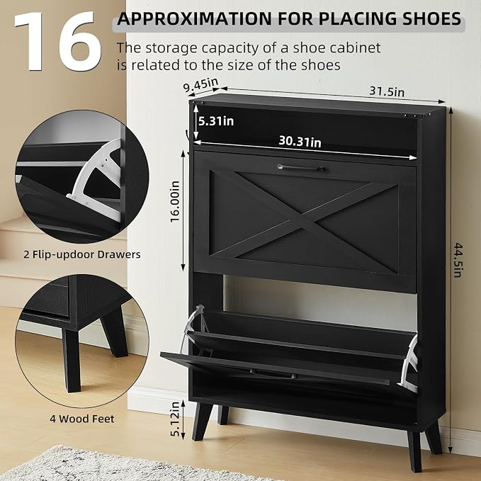 Joaxswe Shoe Cabinet Storage for Entryway with 2 Flip Drawers 2 Hook Open Storage Layer Rack Narrow Organizer Slim Hidden Wood Shoe Cabinet Furniture Black