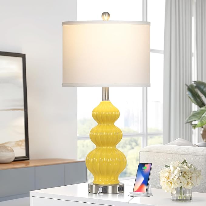 Cinyirong 26" Set of 2 Yellow Ceramic Table Lamps with USB A+C Ports & AC Outlet, 3-Way Dimmable Gourd Bedside Nightstand Lamps with White Shade for Bedroom, Living Room, Office