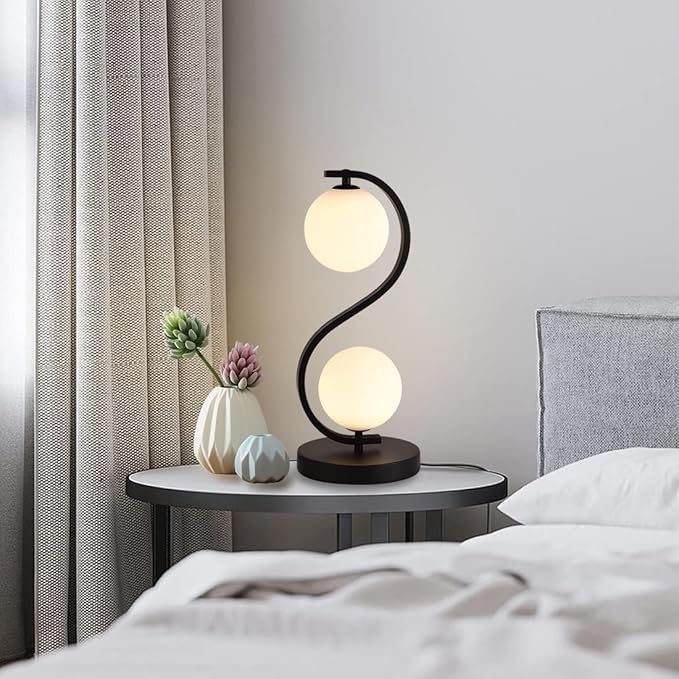 Modern Black S-Shaped Table Lamp 2-Lights Globe Glass Desk Lamp Plug in Metal 3 Color Temperatures Bedside Light Fixtures for Bedroom Living Room Office Study Corner
