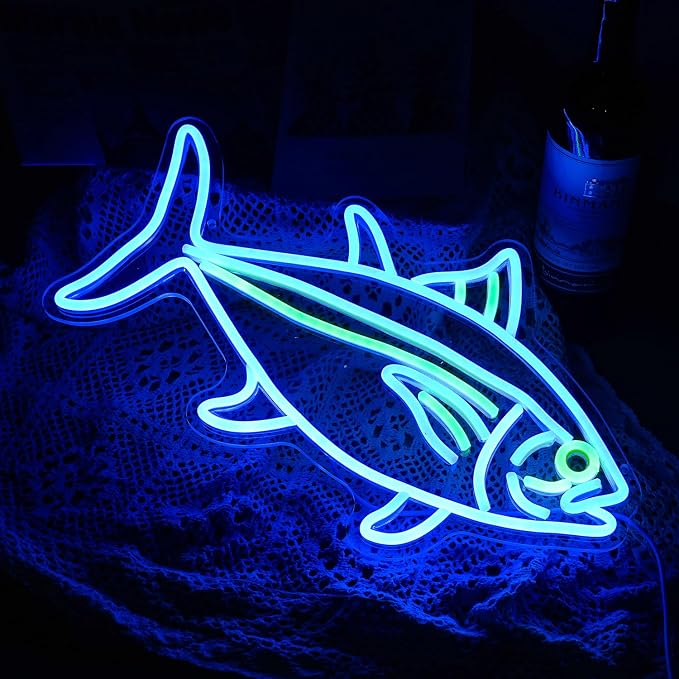 Tuna Neon Sign Blue Green Fish Neon Lights Signs for Wall Decor Dimmable Led Signs for Bedroom Living Room Restaurant Office Birthday Gifts(16.9’’X9.6’’）