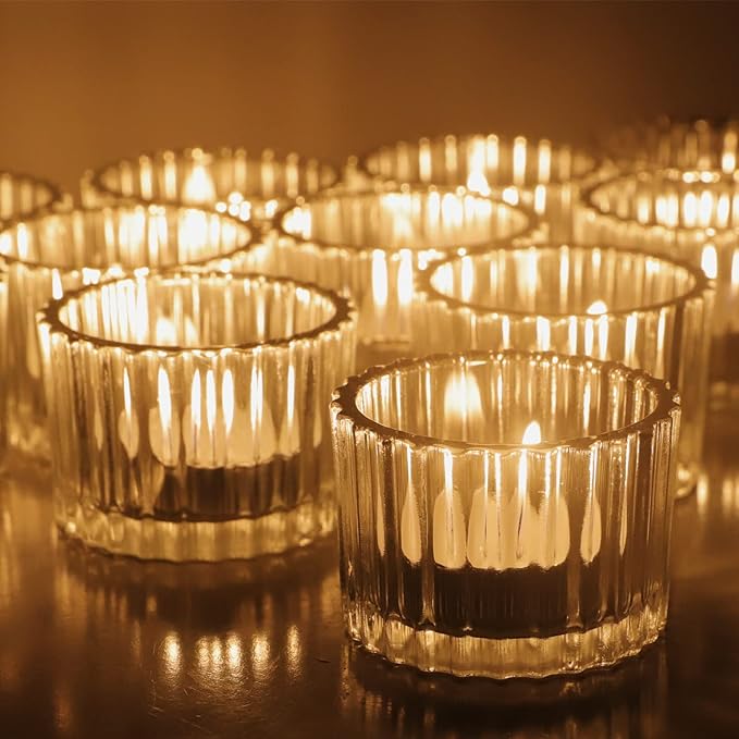 VOHO 36pcs Christmas Tea Lights Candle Holder, Clear Tealight Candle Holder for Gifts, Ribbed Glass Votive Candle Holders Centerpiece Table Decorations(2'' x 1.4'')