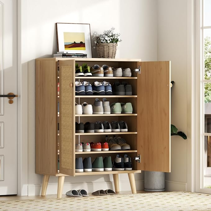 Loomie Rattan Shoe Cabinet, 6-Tiers Shoe Storage Cabinet for Entryway Hallway, 2 Door Accent Cabinet with Adjustable Shelves, 44" H Tall Sideboard Storage Cabinet Closet Living Room (Natural)