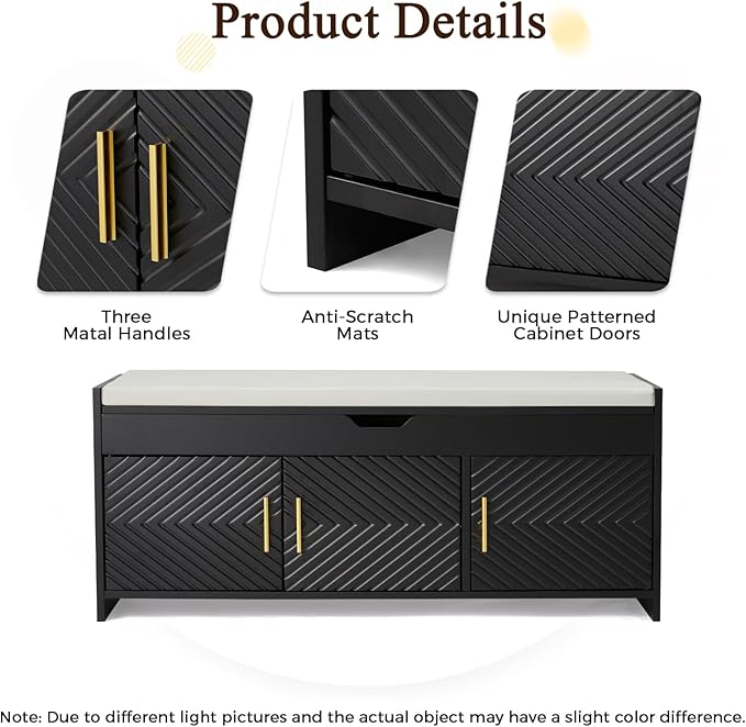 ECOTOUGE Shoe Bench, Storage Bench with Lift Top Storage, Entryway Bench with Cushioned Seat, Adjustable Shelf for Living Room, Bedroom, Hallway, Black