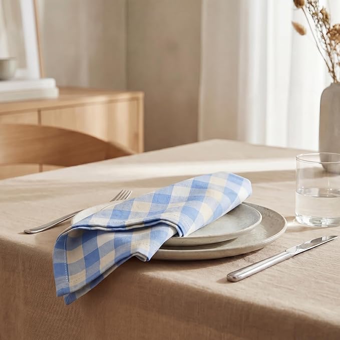 Urban Villa Cloth Napkins 100% Cotton Highly Absorbent Washable Reusable Premium Dinner Napkins Ideal for Gifts for Mothers Day Hotel Farmhouse Parties - Blue Sand Checks (20" x 20", Set of 12)