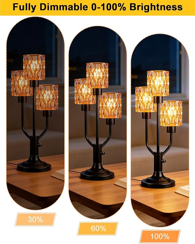Lightdot Modern Glass Table Lamp Dimmable Mid Century Black Desk Lamp with Thickened Amber Glass 3 Bulbs Included 3000K Warmwhite Nightstand Lamp for Bedroom Bedside End Table