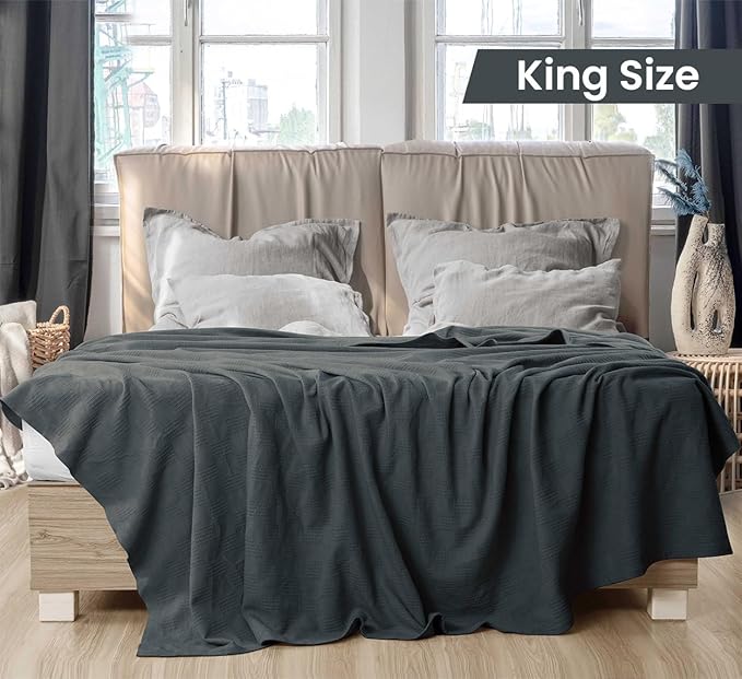 Utopia Bedding 100% Cotton Thermal Blanket Smoke Gray King Size Soft, Lightweight, Breathable, Cozy Spring and Summer Blankets for Bed, Home Room Decor Gifts for Women and Men (90x108 Inches)