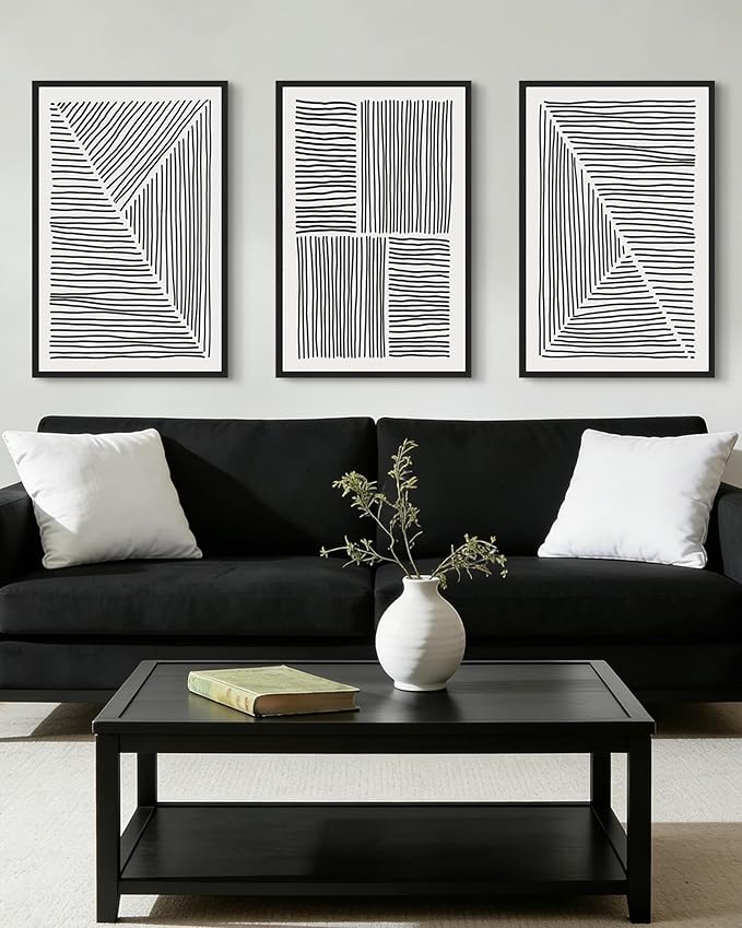 Drsoum Mid-Century Modern Framed Wall Art Large 24x36in Minimalist Abstract Boho Black Line Wall Decor Geometric Artwork Kitchen Dining Room Black Framed