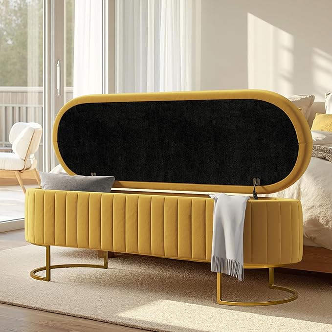 55.5" Velvet Upholstered Storage Bench with Channel Tufted Seat and Metal Legs, Multi-Functional Ottoman with Interior Organizer Pockets for Bedroom and Entryway, Flipping Lid Large Window Bench