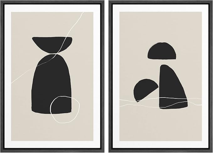 SIGNWIN Framed Canvas Print Wall Art Set Black Tan Mid-Century Figures Abstract Shapes Illustrations Modern Art Decorative Nordic Multicolor for Living Room, Bedroom, Office - 24"x36"x2 Black