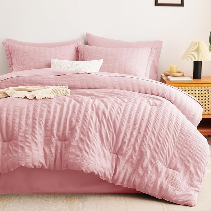 CozyLux King Size Comforter Set Pink Seersucker 7 Pieces Bed in a Bag King Comforter Set with Sheets, Luxury Soft Bedding Sets with Down Alternative Comforter, Sheets, Pillowcases & Shams All Seasons