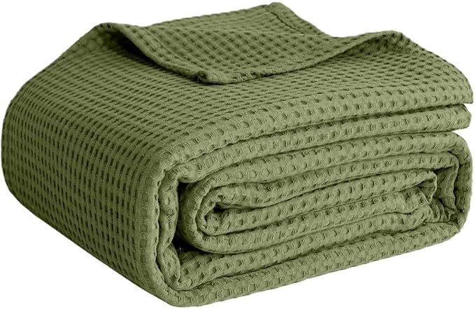 100% Cotton Blankets for Bed - Waffle Weave Blankets for Summer, Lightweight and Breathable Soft Woven Blanket for Spring (Olive Green, King (90" x 108"))