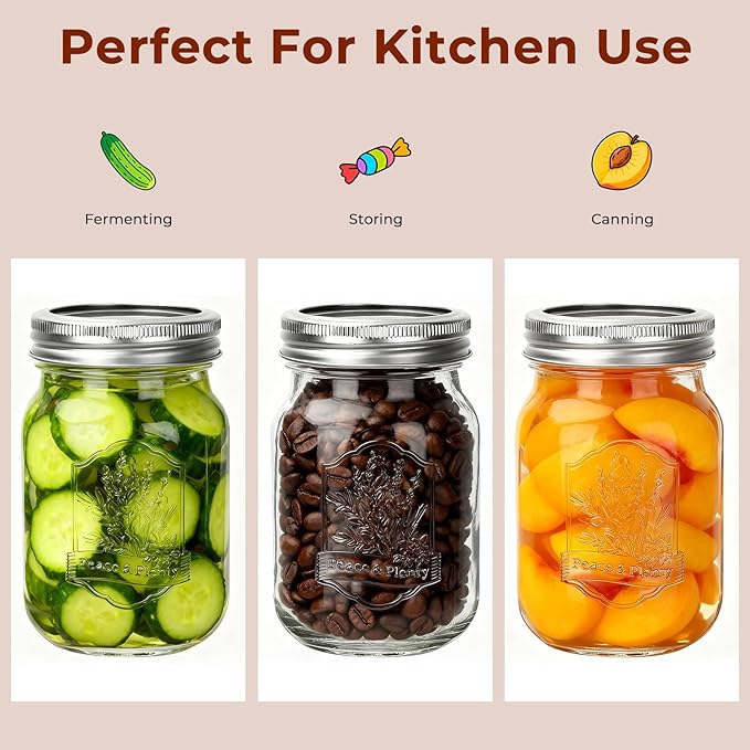 CycleMore Mason Jars 16 oz, 2 Pack Embossed Glass Jars with Silver Split Lids, Decorative Canning Jars for Overnight Oats, Pickles, Pantry Storage and Gifts