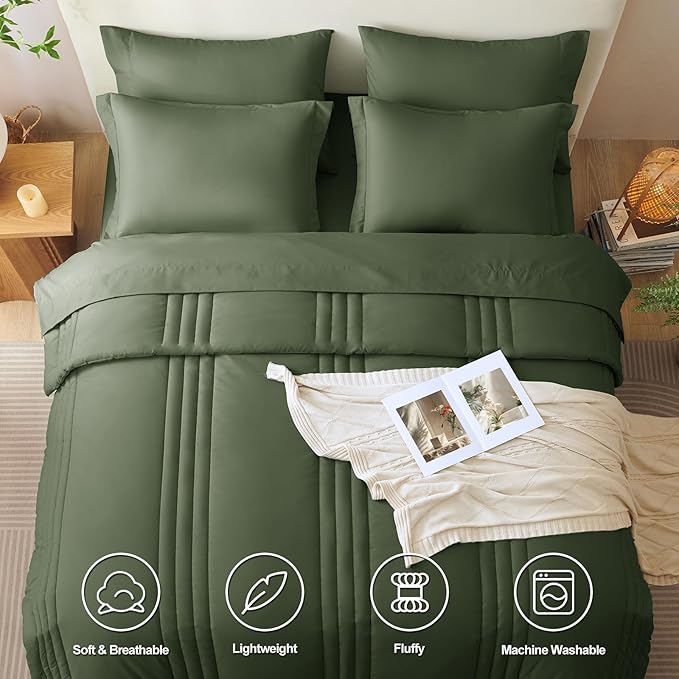 CozyLux Queen Size Comforter Sets - 7 Piece Bed in a Bag Olive Green Comforter Set with Sheets Luxury Bed Set All Seasons, Soft Bedding Set with Down Alternative Comforter, Sheets, Pillowcases & Shams