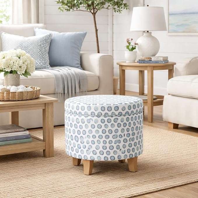 HomePop Upholstered Round Storage Ottoman|Homepop Home Décor|Upholstered Round Foot Rest Ottoman - Small Green Medallion Ikat Print