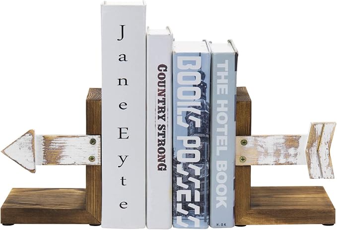 MyGift Farmhouse Bookends, Rustic Book Ends Kitchen, Tabletop Boho Bookend Support Stands, Whitewashed Arrow Design and Burnt Dark Brown Wood