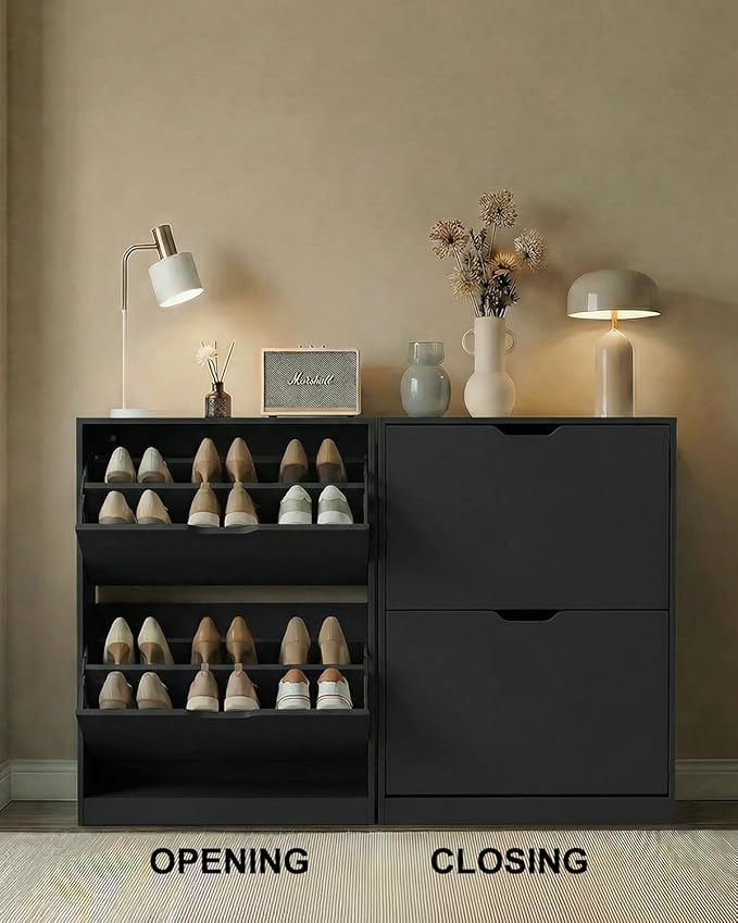Shoe Cabinet Organizer with 2 Flip Drawers, Freestanding Narrow Rack with Adjustable & Removable Shelves, Slim Shoe Storage for Entryway, Foyer, Hallway, Black