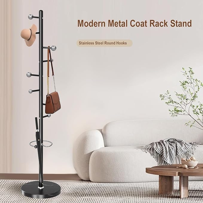 Modern Metal Coat Rack Stand, Coat Rack Freestanding with Natural Marble Base, Sturdy Heavy Duty Coat Racks with 8 Hooks, Black Coat Hall Tree Stand for Entryway, Office
