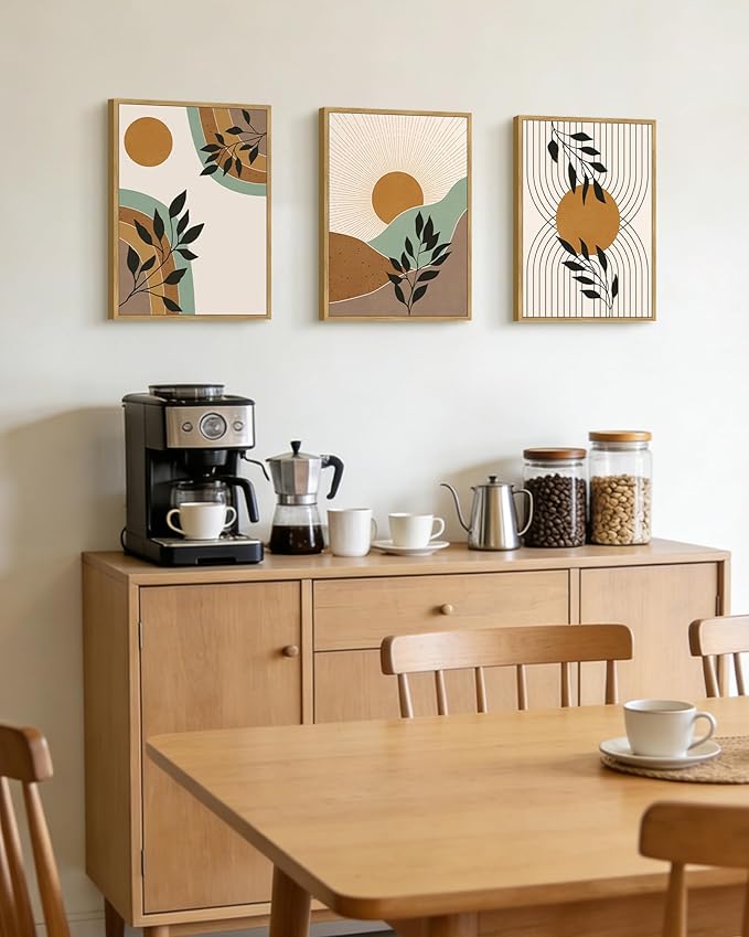 PHOPAGO Boho Abstract Wall Art Botanical Mid Century Modern Framed Wall Printing Neutral Geometric Prints Bohemain Sage Decor for Farmhouse Kitchen - 11x14in Natural Framed