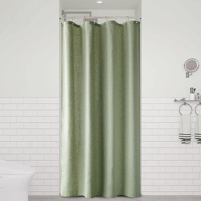 Naturoom 42 Inch Shower Curtain - Stall Narrow Half Green Linen Ultra Thick Fabric Shower Curtain Set with Hooks, Boho Farmhouse Rustic RV Camper Bath Curtains for Bathroom, Sage Green, 42 x 72