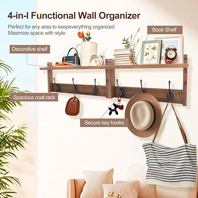 ArtBeek 30” Coat Rack Wall Mount Shelf with Hooks 2 Pack 15" Coat Rack with 6 Hangers for Living Room Bedroom Entryway Brown Backpack Hooks Bag Shelf