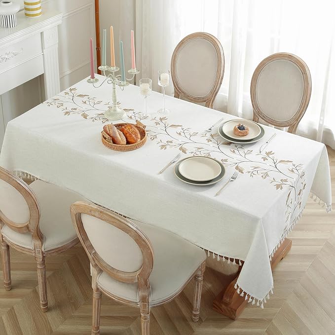 JIALE Table Cloth Rectangle Tables, Heavy Duty Cotton Linen Waterproof Tablecloths Farmhouse Tablecloth, Soft and Wrinkle Free Table Cover with Tassels, Coffee Flower, 55''x102''