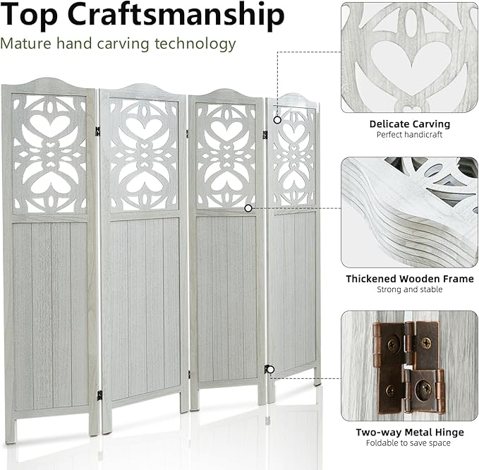4 Panel Room Divider 5.6FT Wood Carved Room Divider Folding Privacy Screen with Double Hinges, Free Assembled Portable Partition Screen Divider for Room Separation Home Office - Retro White