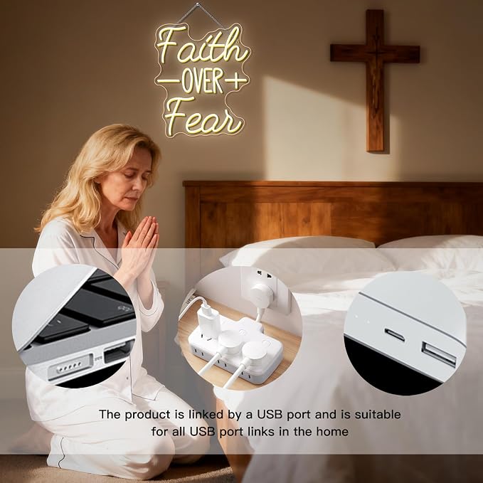 WLHOPE Faith Over Fear Neon Sign Bible Verses Neon Signs for Wall Decor Christian Led Lights Religious Light Up Church Prayer Room Home Bedroom Club Party Christian Gifts