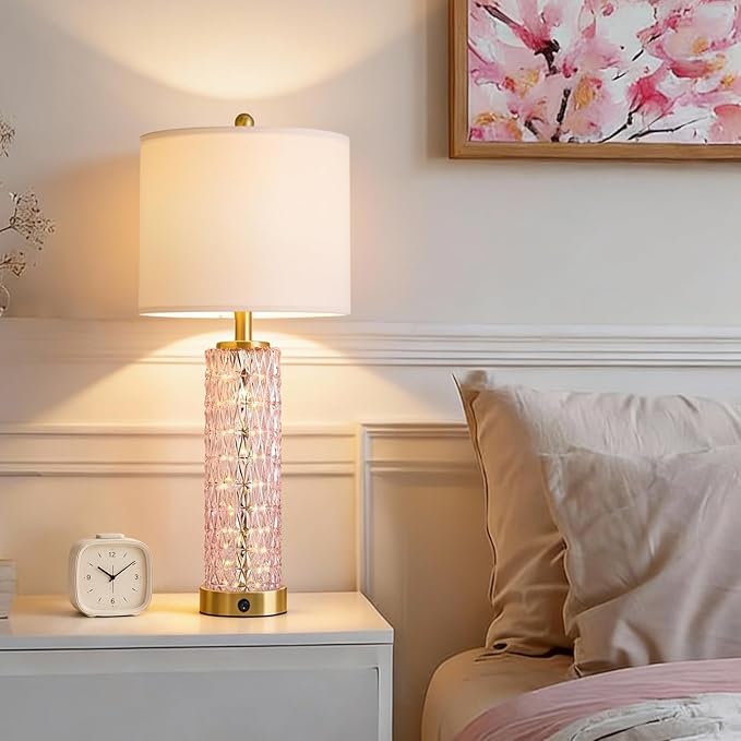 Oneach 27.75" Modern Table Lamps Set of 2, Pink Bedside Lamp with Class Nightlight, USB A+C, Unique Desk Lamps for Living Room, Bedroom, Nightstand, End Table (2 Bulbs Included)