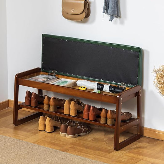 Shoe Bench with Storage - 2-Tier Entryway Bench, Solid Wood Shoe Rack with Cushion & Flip-Open Box, Mid-Century Modern for Hallway, Mudroom, Bedroom (Green, 39.4")
