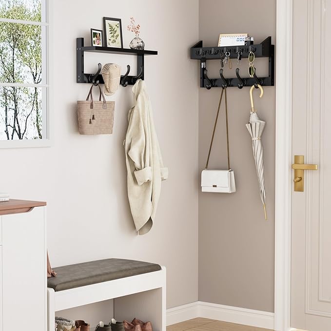 Evermagin 35" Coat Rack Wall Mount with Shelf, 4 in 1 Wall Mounted Coat and Key Hanger with 13 Hooks, Entryway Key Holder with Mail Holder for Living Room, Bedroom, Black