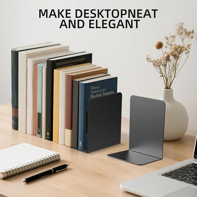 Book Ends, 6 Pieces Metal Bookend for Shelves, Bookends for Heavy Books, Book Holders for Shelves, Desk Organizers, Book Dividers for Office, School, Bookstore, Home