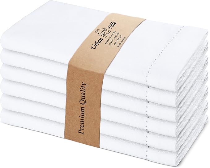 Urban Villa Cloth Napkins 100% Cotton Highly Absorbent Washable Reusable Premium Dinner Napkins Ideal for Gifts for Mothers Day Hotel Farmhouse Parties - White - Hemstitch (20" x 20", Set of 6)