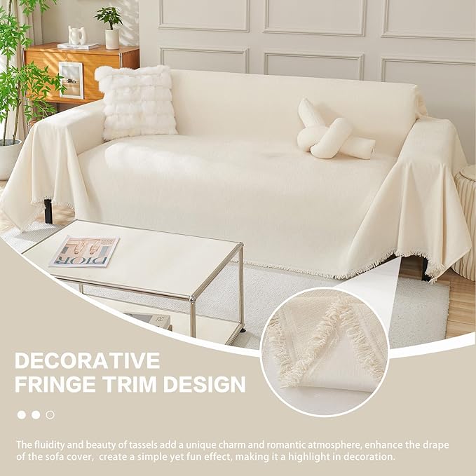 DREAMINGO Sofa Covers Washable Thick Chenille Couch Cover for 3 Cushion Couch Sofa Multi-Use Couch Cover Blanket Modern Pet Furniture Protector Sectional Couch Slipcover 91"x134", Beige White