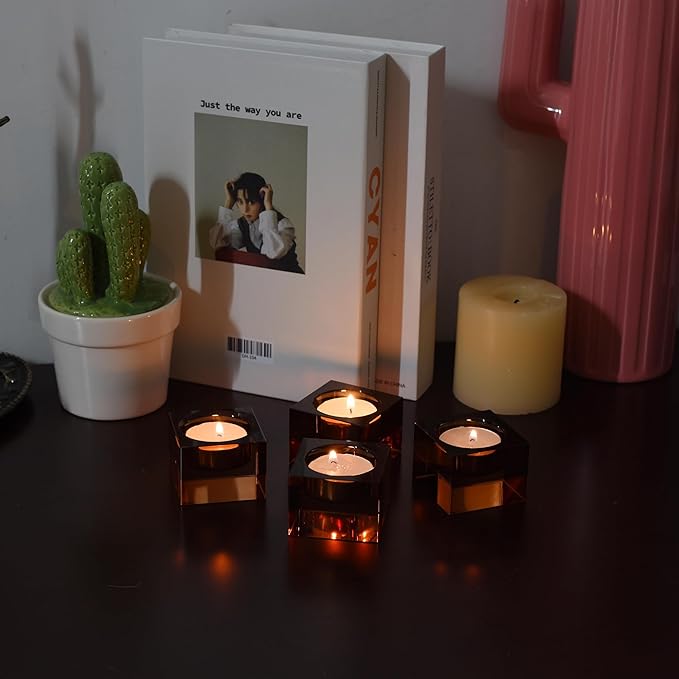 Home Crystal Tealight Candle Holders Pack of 4, 1.5 Inches Height, Heavy Solid Square Hand Cut Tealight Holders Sets, Centerpiece for Home Decor(Brown)