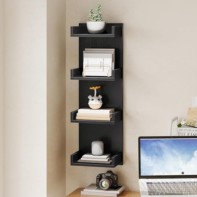 HOOBRO Floating Wall Shelves with LED Lights, Floating Shelf Wall Mounted for Storage, Vertical Display Stand, Modern Column Rack, for Bedroom, Livingroom, 4-Tier, 35.8 Inches, Black, BK41DBJ01