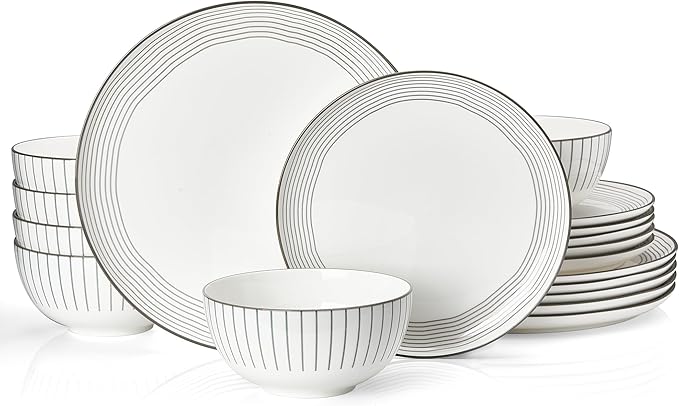 Sweese Lightweight Dinnerware Sets, Plates and Bowls Set for 6, 18 Pieces Stripe Dishes - Chip and Scratch Resistant, Microwave and Dishwasher Safe Porcelain Dinner Sets, Gray