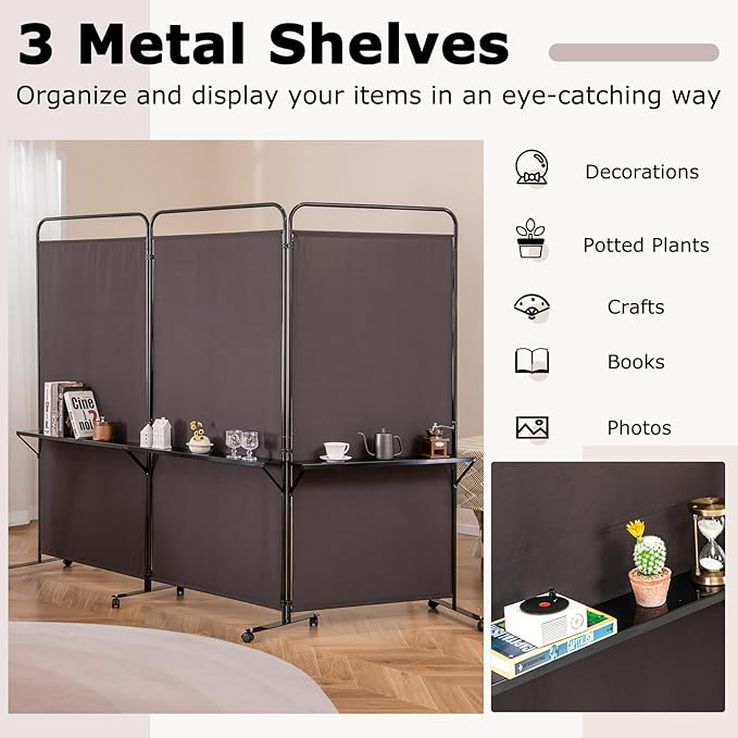 Giantex 3 Panel Room Divider with Wheels and Shelves, 103" W x 74" H Folding Privacy Screen, Rolling Partition Separator for Home Office Studio, Fabric Wall Divider for Room Separation (Brown)