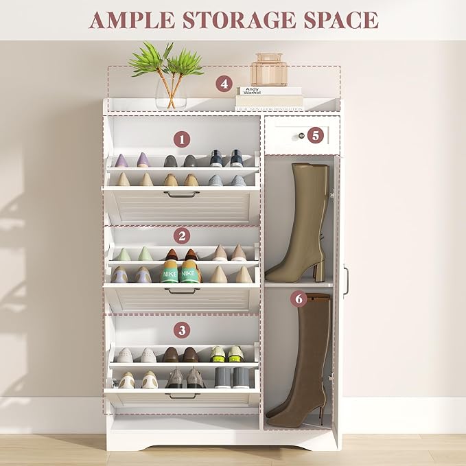 Narrow Shoe Storage Cabinet with 3 Flip Drawers, Doors & Adjustable Shelves, Slim Shoe Rack Cabinet for Entryway Closet, Deodorizing Wooden Boot Storage Organizer Freestanding Hidden, White