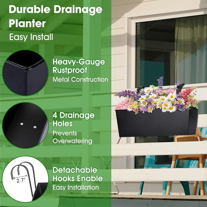 OGIMA 16-Inch Railing Planter Box, 3 Pack Large Hanging Planters for Outdoor Plants with Detachable Wide Hooks for 2.7'' Railings - Balcony Planters Railing Hanging for Deck, Fence & Patio Decor