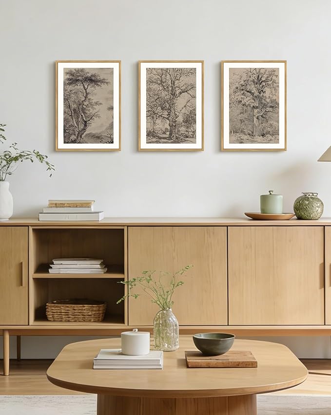 KUVIOKE Boho Vintage Tree Wall Art Framed Neutral Retro Forest Art Prints Antique Rustic Nature Wilderness Paintings Bedroom Hallway Decor 12x16in (Natural Framed)
